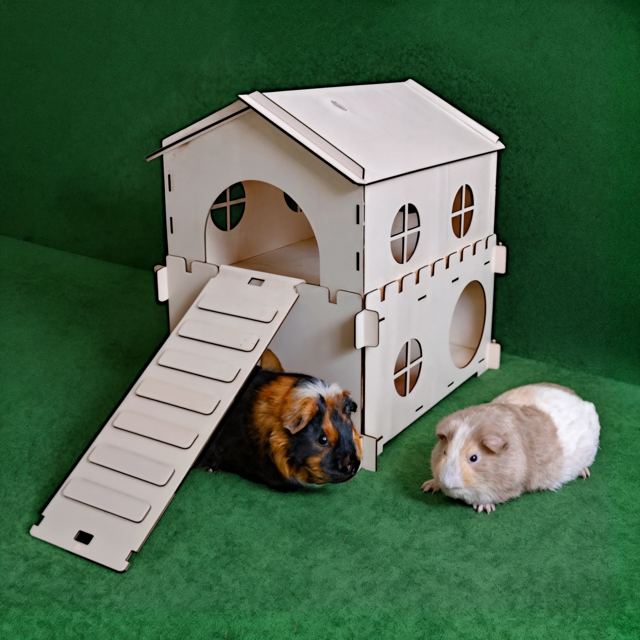 Ein Haus mit Rampe für Meerschweinchen, das in der Öffnung steht, auf einem grünen Untergrund. Website: https://meerschweinchenhaus.com